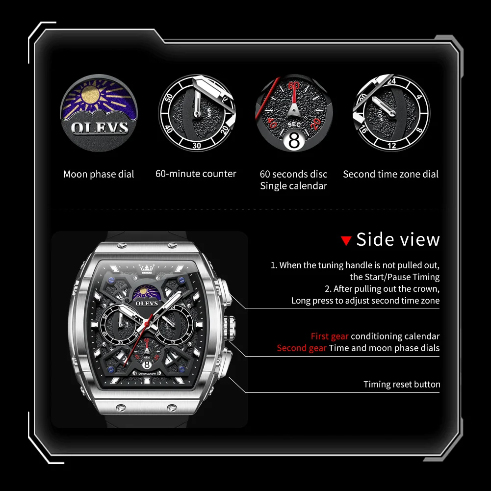 OLEVS 2942 Mens Watch Quartz Watch Multifunctional Chronograph Watches For Men 30M Waterproof Luminous Moon Phase Box Original