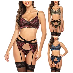 Women Exotic Sets Sexy Sheer Floral Lace Pajamas Lingerie Set High Waist Sleepwear Bra Panty With Stocking 4 Piece Nightwear