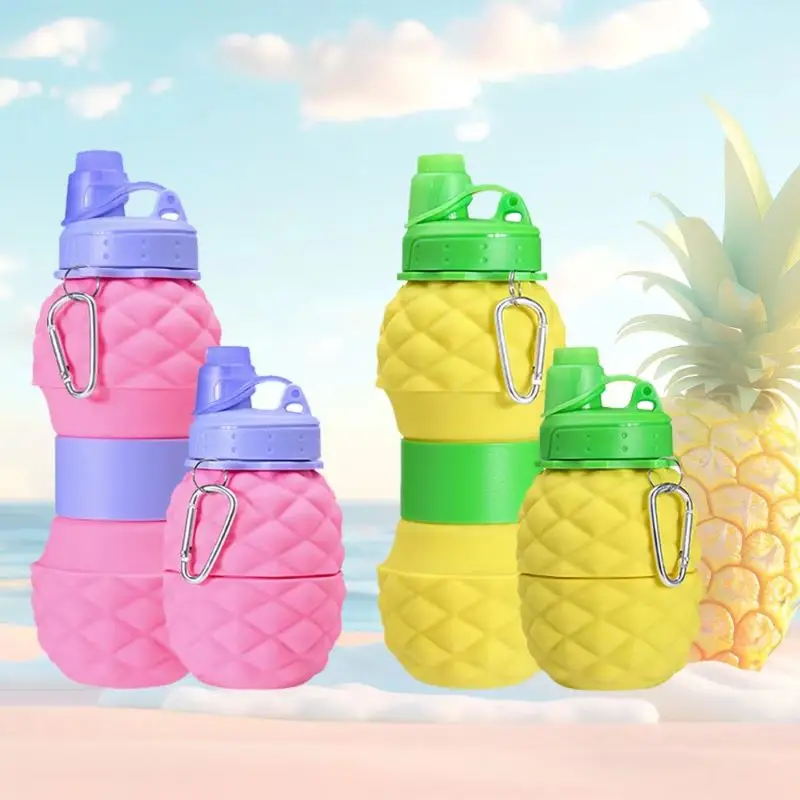 Pineapple shape foldable water bottle reusable silicone water bottle outdoor mountaineering travel portable hiking water cup