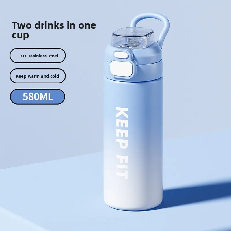 2026 Gradient Dual‑drink Straw Thermos 316 Stainless Steel Large‑capacity Water Cup Portable for Students Outdoor