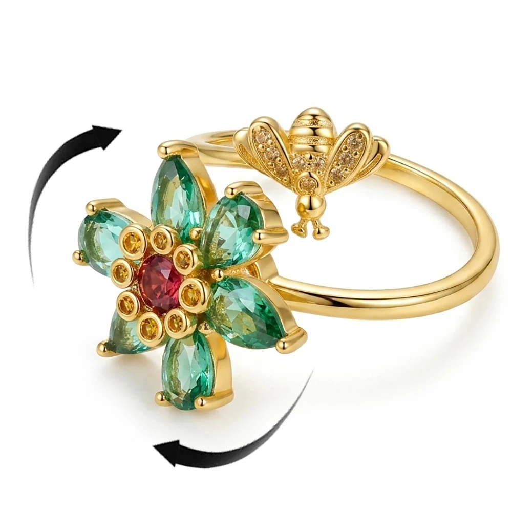 Rotatable Flower Ladies Open Ring with Cubic Zirconia Embedd