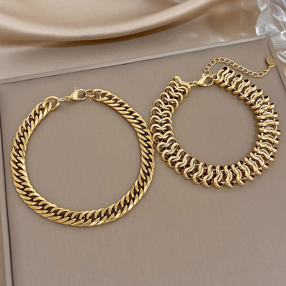 DODOHAO Classic Punk Golden Stainless Steel Bracelet for Women Men Stackable Chunky Cuban Chain Bracelet Neutral Trendy Jewelry