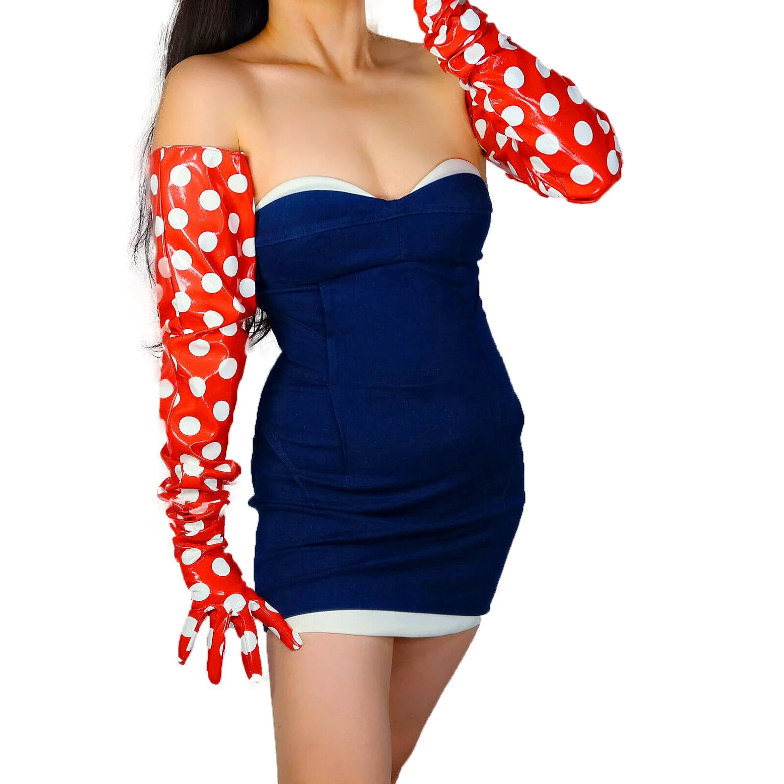 

DooWay Women's Red Polka Dot LATEX GLOVES 90cm Shoulder Long Shine Faux Patent Leather Loose Cosplay Evening Party Fashion Glove