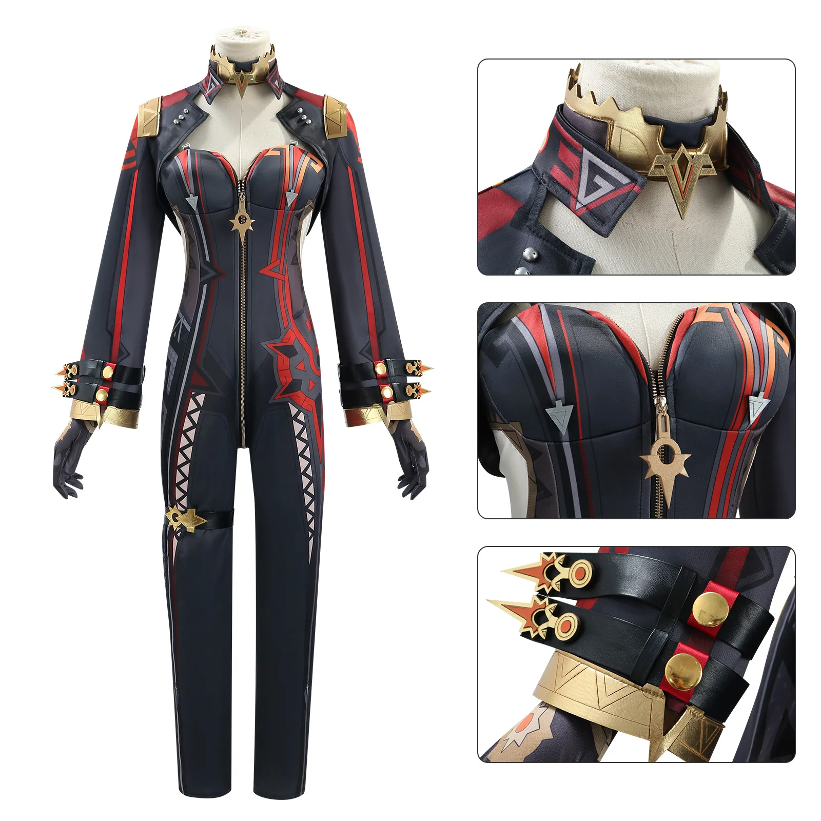 Mavuika Cosplay-Kostüm Pyro Archon Eleganter Schwarz-Roter Jumpsuit mit Goldakzenten Komplettset für Comic Con