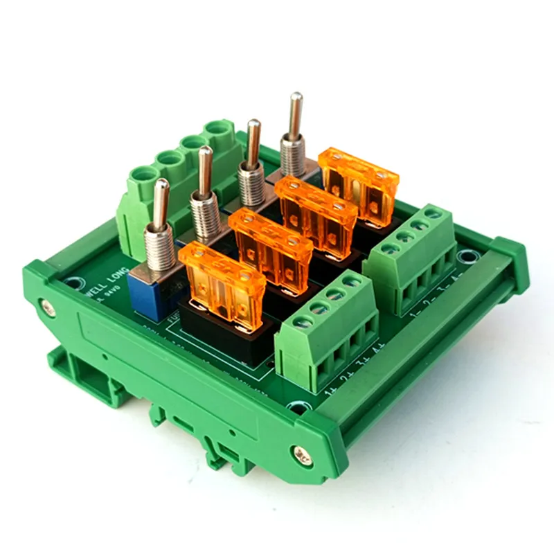 DIN Rail Mounted 4 Position Fuse Distribution Board with Switch and Fuse Module AC/DC 5-32V.
