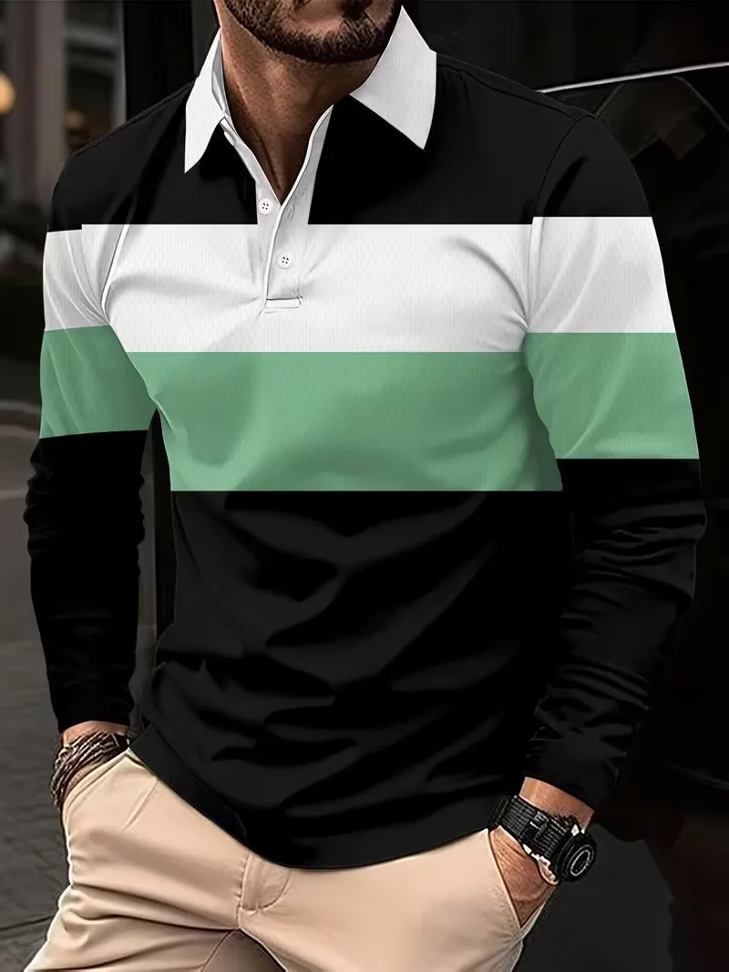 2026 autumn and winter new men's long sleeved polo shirt, with a stylish and simple striped top with a button over collar