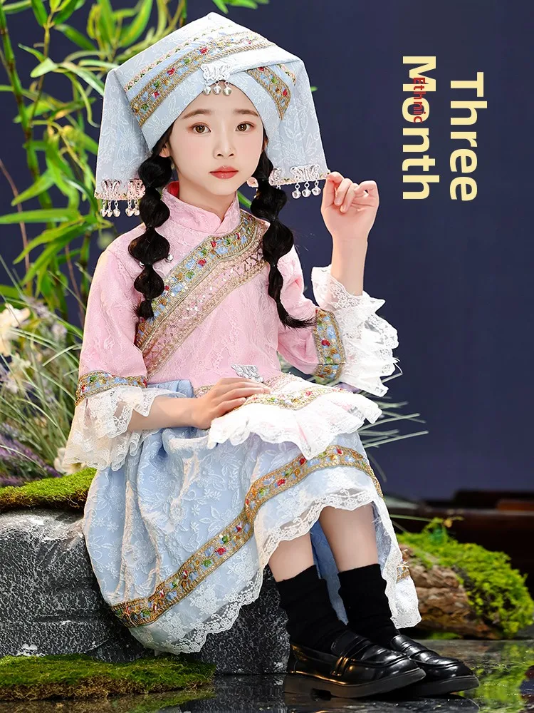 

2026 New Children's Minori Costume Zhuang Children's Performance Clothing Fem Children's Guangxi Zhuang Ethnic Outfit