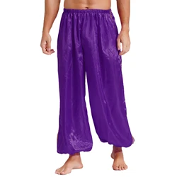 Men Arabian Prince Halloween Costume Satin Long Pants Party Yoga Dancewar Elastic Waist Gold Trim Bloomers for Carnival Cosplay