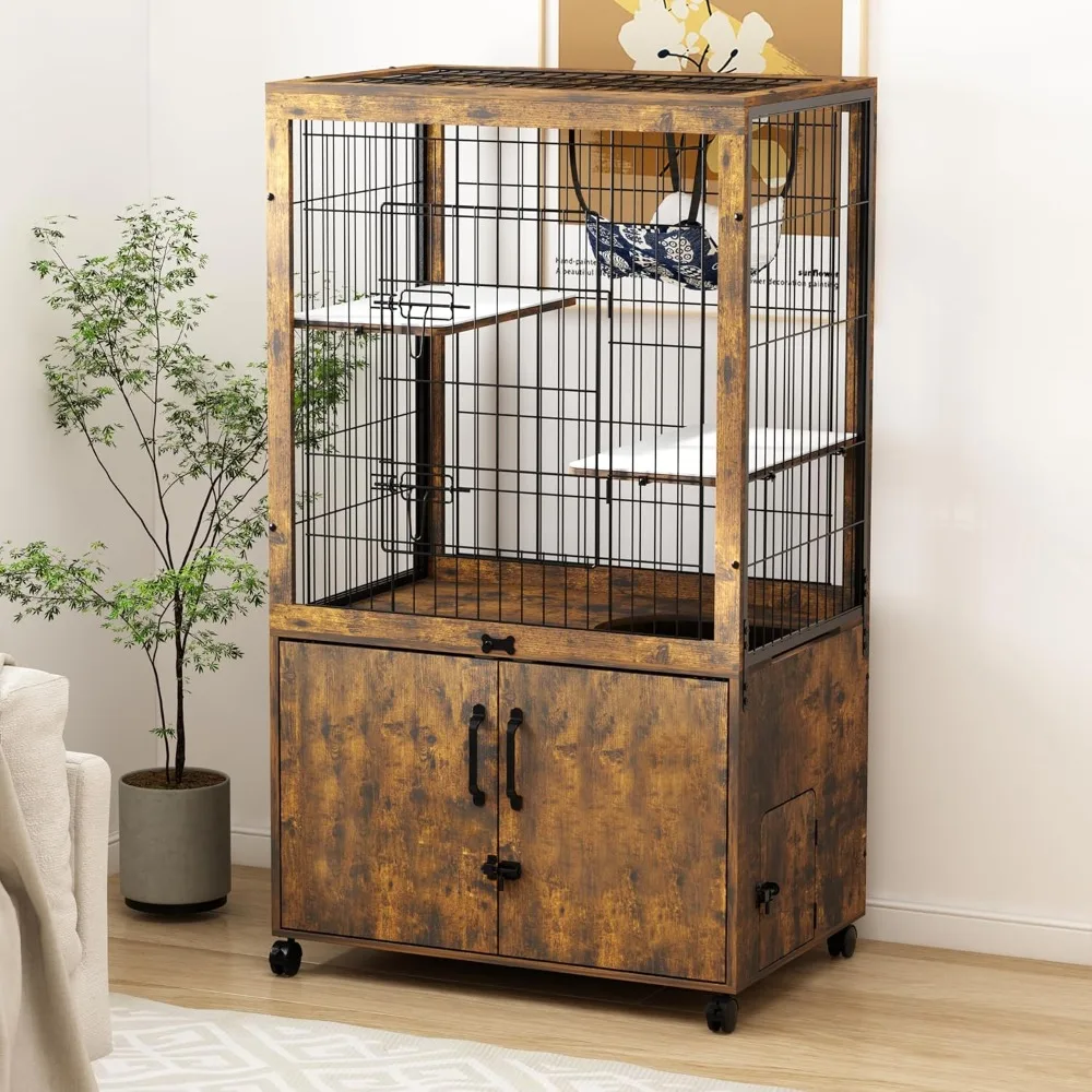 

Furniture Cat Cages Indoor with Wooden Hidden Litter Box Enclosure Built-in Urine Cover Cat Kennel