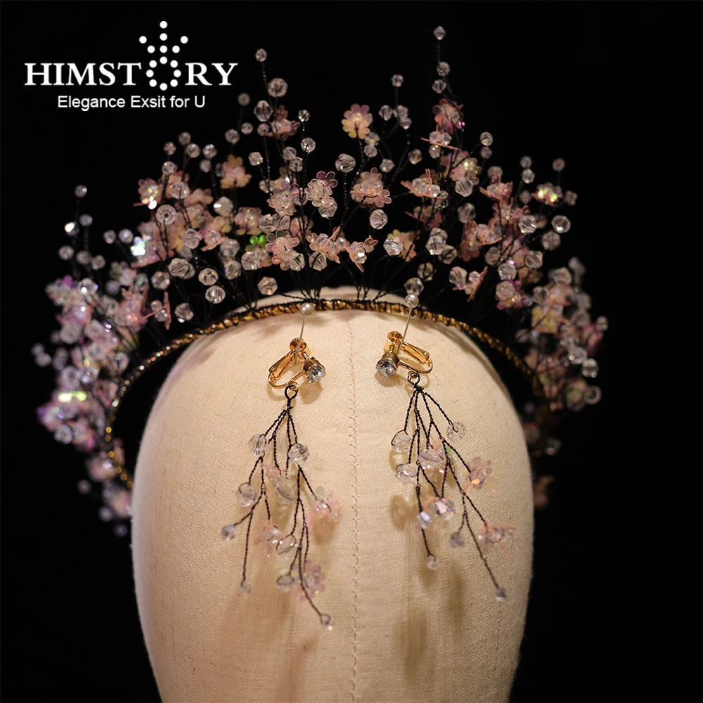 Himstory Fantasy Black Vines Pink Crystal Hairband Earrings Set Girls Flower Star Princess Soft  Hairband Jewelry