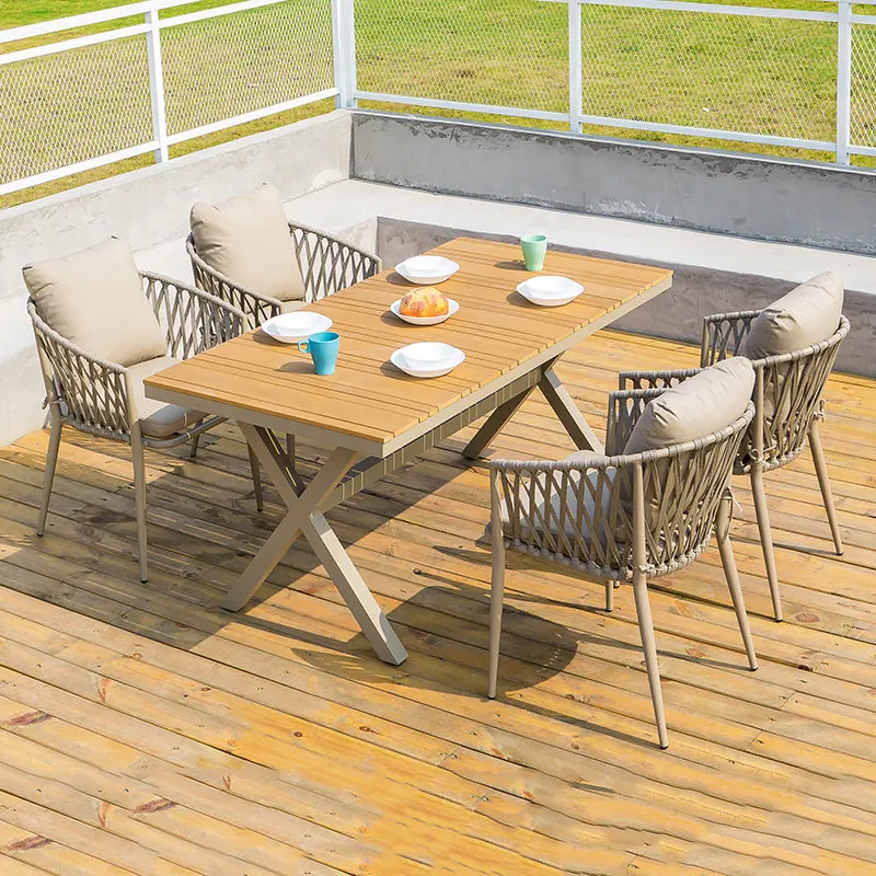 

Modern Hotel Outdoor Dining Solid wood Table And Rattan / wicker Chairs Garden Patio Furniture set