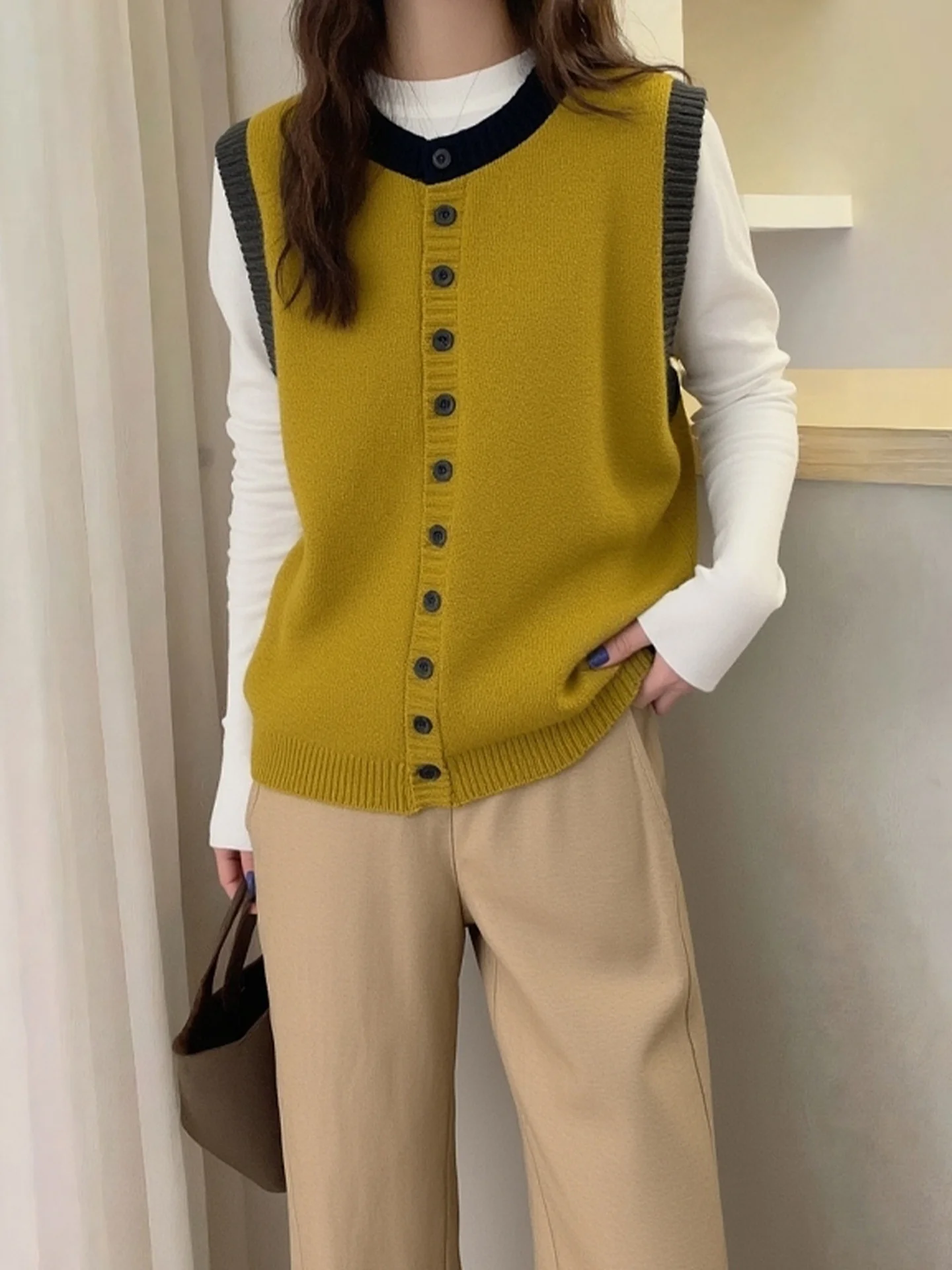 Luźna, okrągła kamizelka z dzianiny, prosty krój, top Camere Bal, styl dojazdowy, modny, jesienny odzież damski.