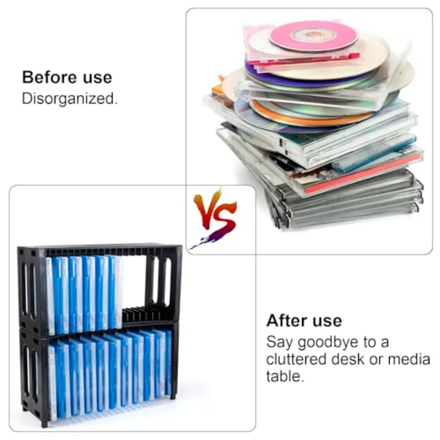 Rack de armazenamento de DVD empilhável com material ABS 2 pacotes de organizador de DVD para escritório doméstico e teatro comporta até 40 capas finas de joias de DVD