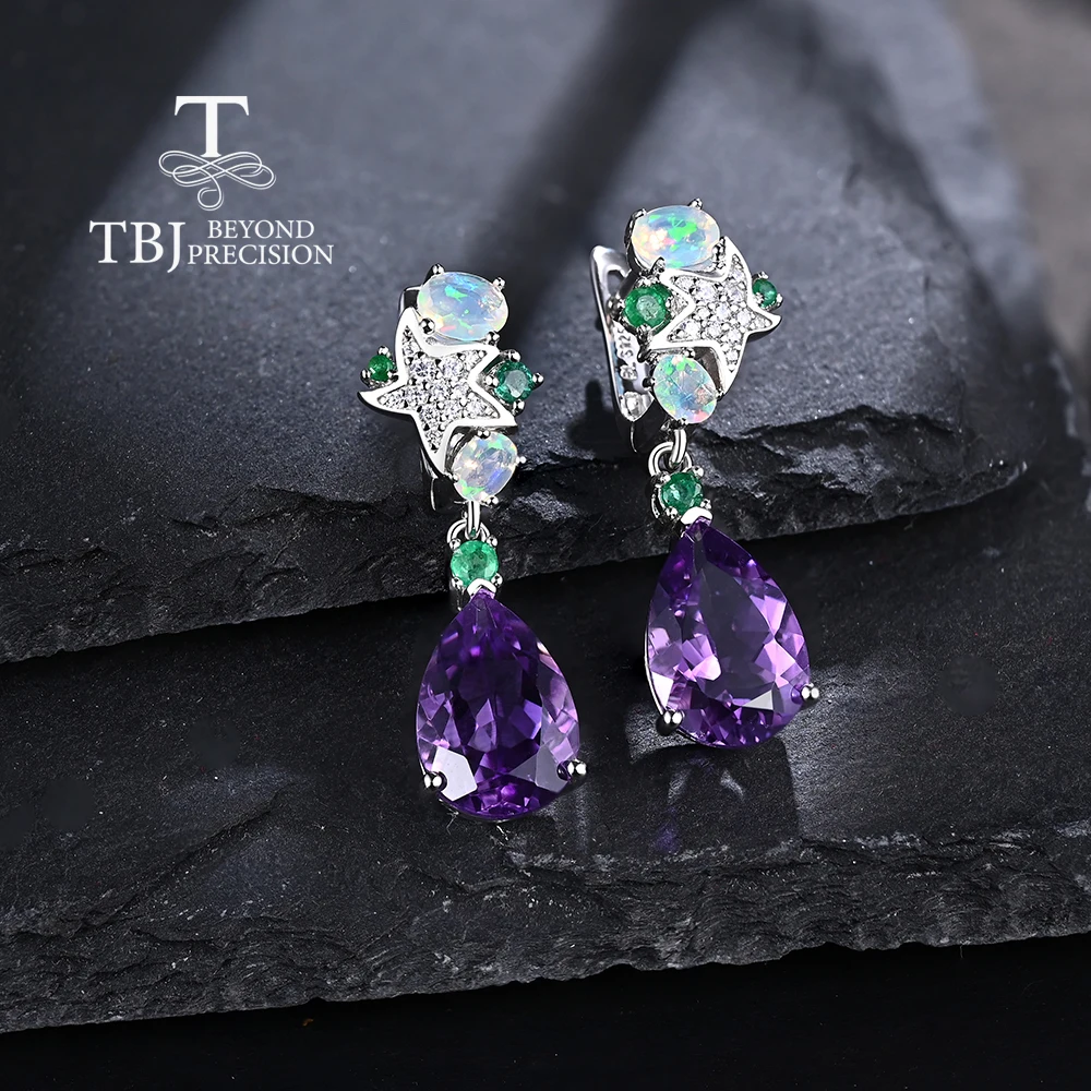 Luxury Clasp Drop Earring Natural Precious Opal,Emerald & Amethyst Gems Silver jewelry for Women Anniversary & Parties wear gift