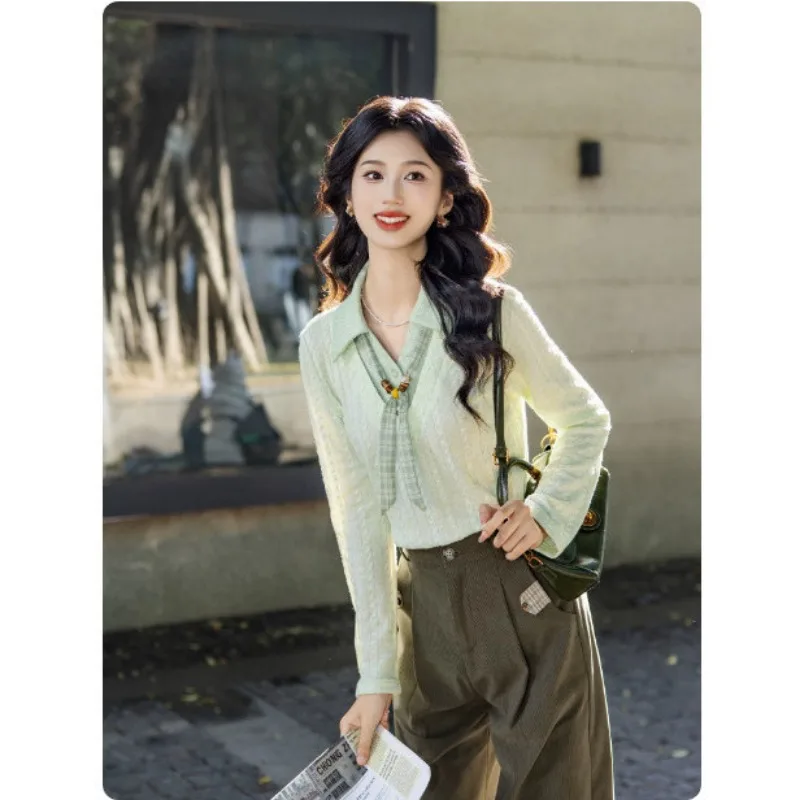 Women's Preppy Fake Two Piece Knit Top Lapel Collar Plaid Tie Decor Layering Blouse