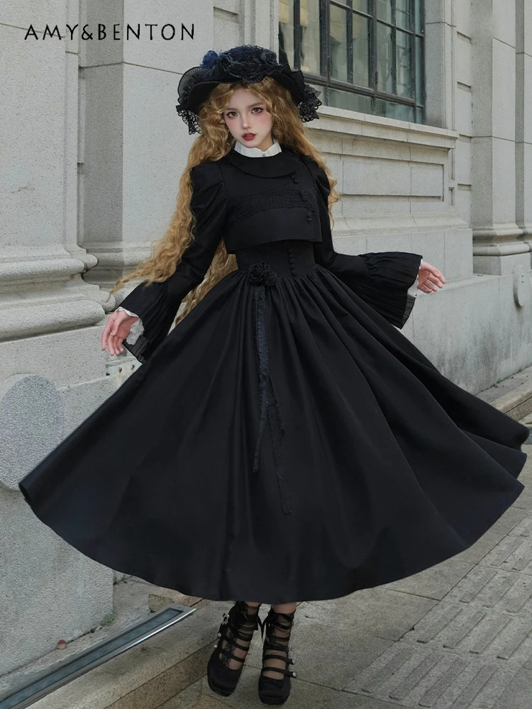 Vintage Palace Queen Lolita Dress Ruffled White Long Sleeve Shirt Goth Print Slim Dress Harajuku Two Piece Sets Womens Outifits