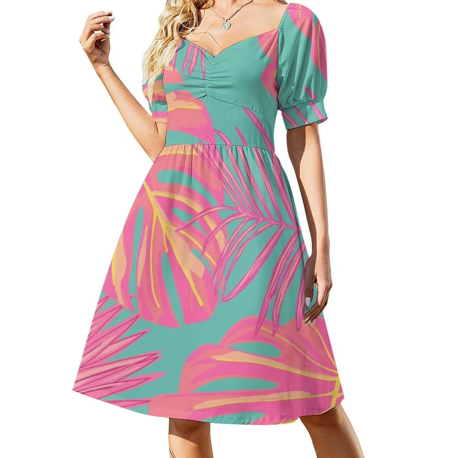 

Tropical Leaves in Pink and Turquoise Short Sleeved Dress women dress prom dresses 2025 Dress