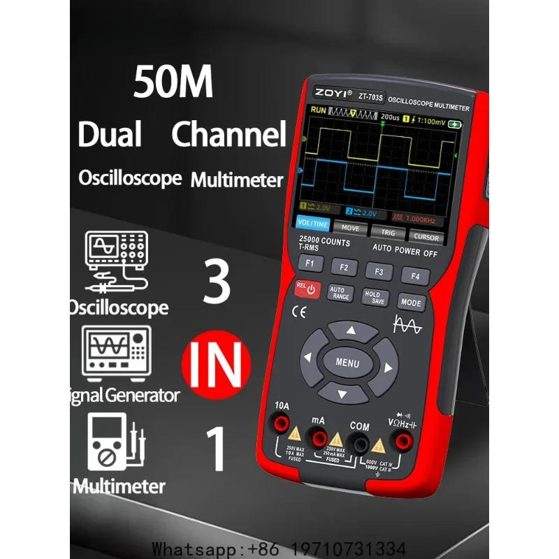 ZT-703S 3-in-1 Oscilloscope Multimeter with 3.5 Inch IPS Display,25000 Counts, Dual Channel 50MHZ Bandwidth,280MSa/s High