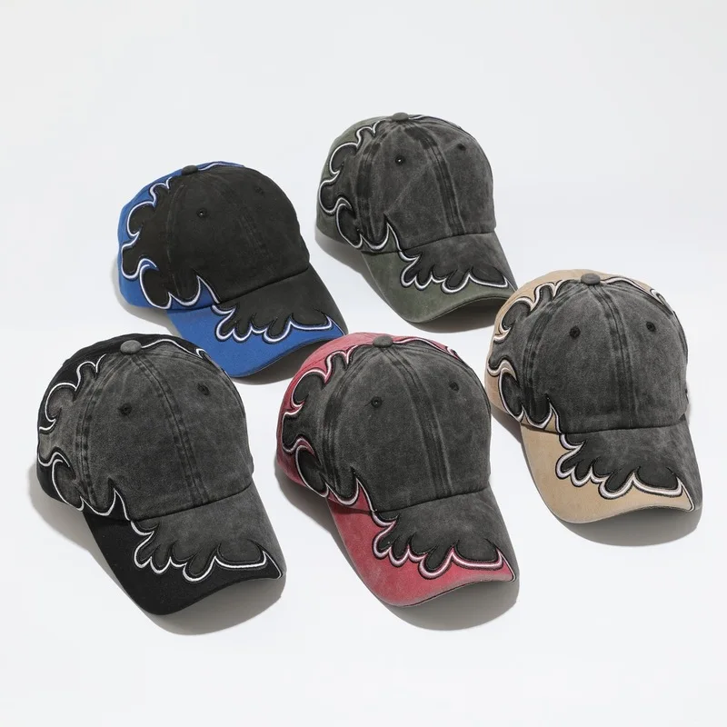 Flame Color-Blocking Washed vintage Baseball Cap, American Hip-Hop Style, Large Head Circumference, Embroidered Sun Hat
