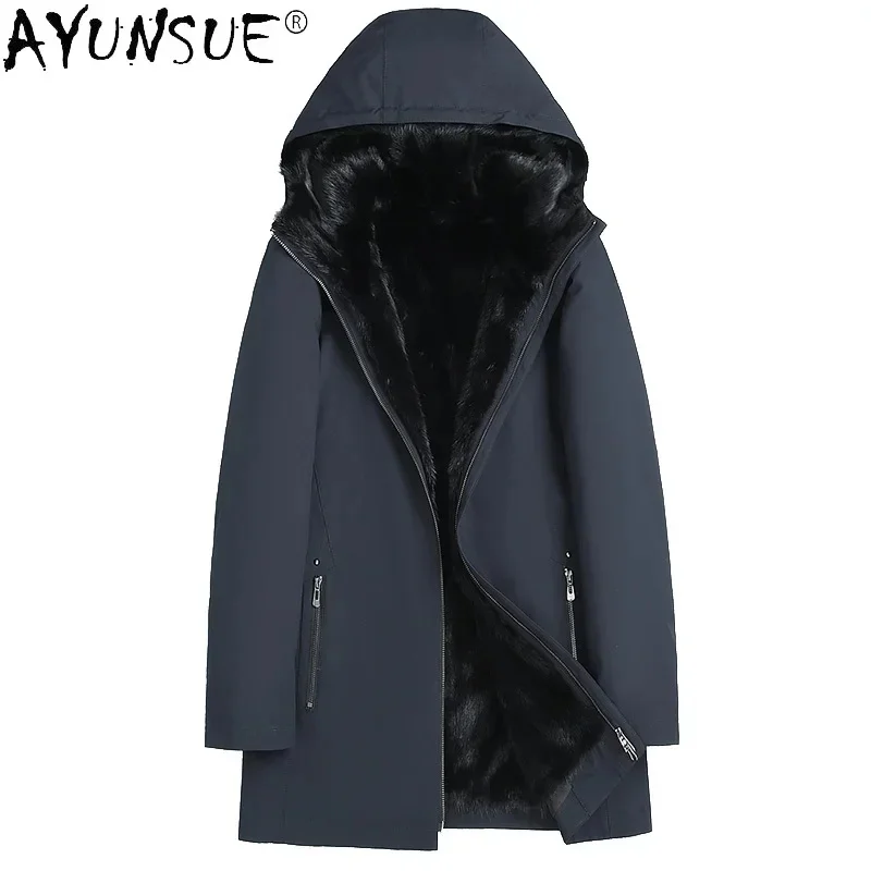 

Winter AYUNSUE Jacket Men Real Mink Liner Coat Male Hooded Warm Midi Fur Parkas Man Korean Outwear Abrigo Hombre SQQ816