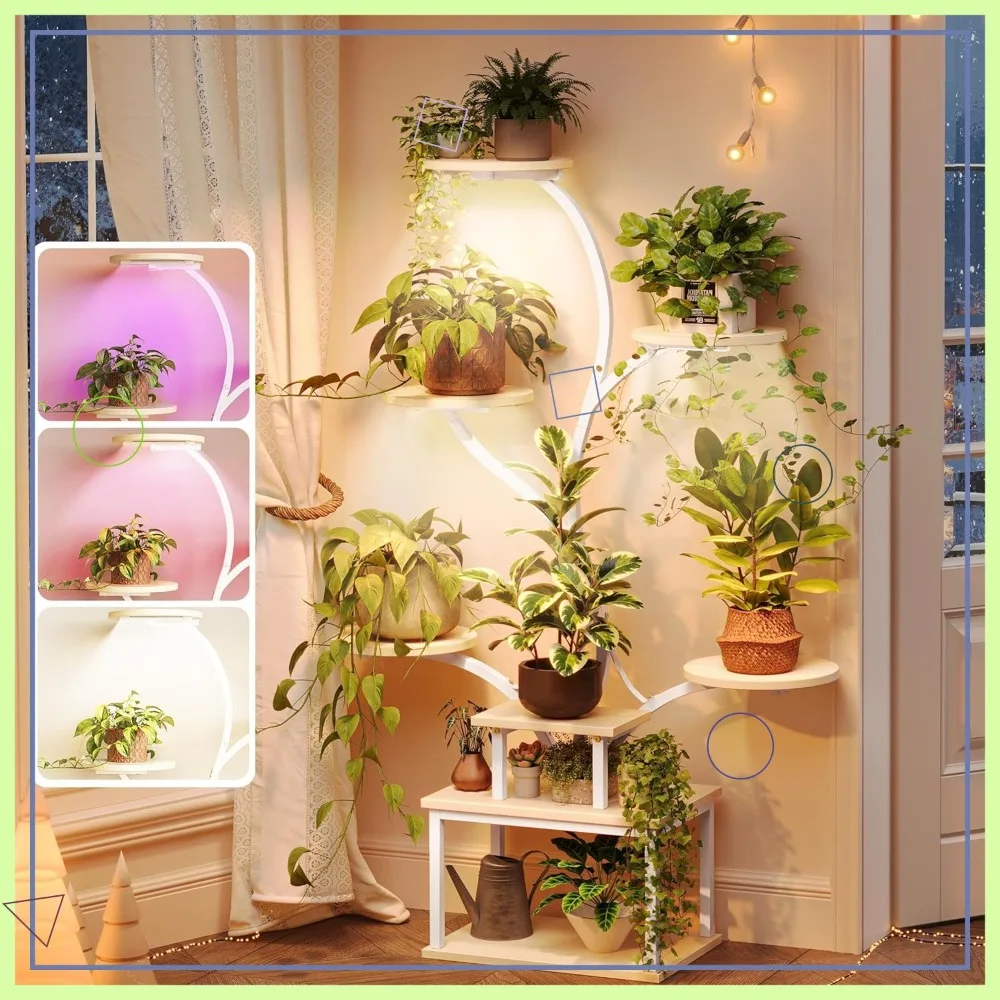 

51 Inch Indoor Plant Stand with Grow Lights, 8 Tiered Shelf, Curved Design, 3 Light Modes for Living Room Corner