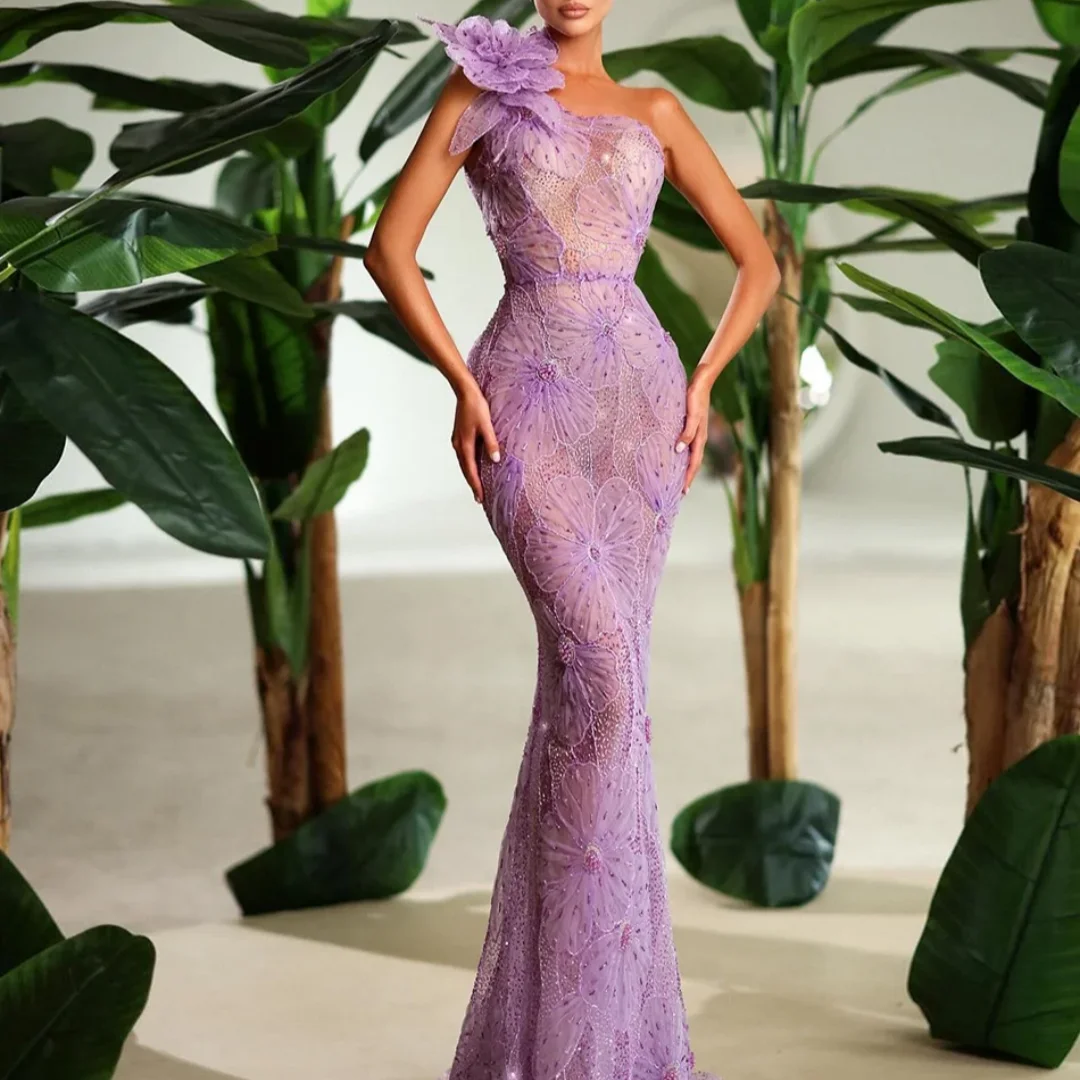 Gaun Maxi Pesta Ulang Tahun, Pesta, Prom, Malam Hari, Model One Shoulder High Waist, Berhias Berlian, Manik-Manik, dan Bunga, Dapat Dipesan Sesuai Ukuran