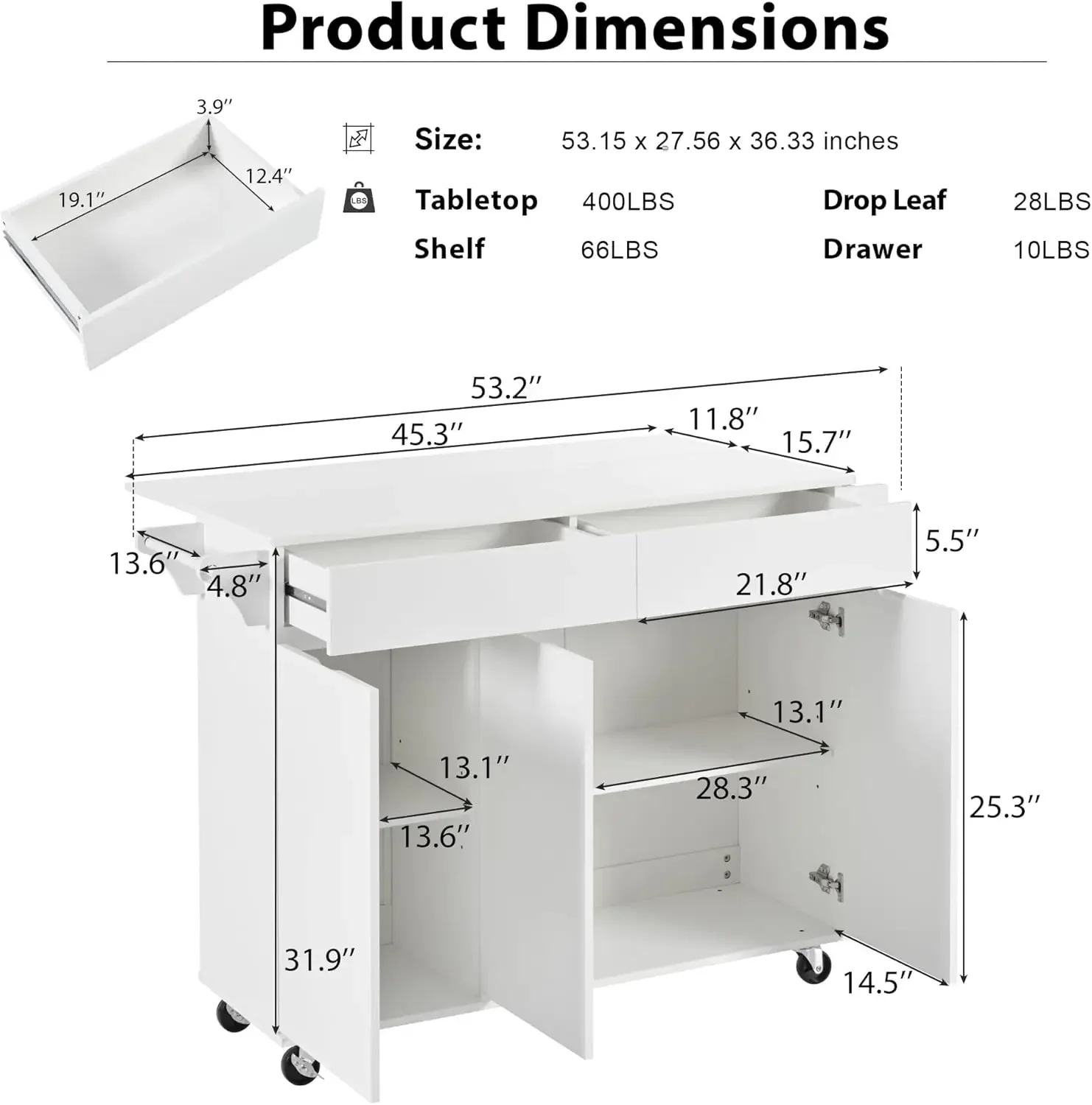 Merax 53.2inch Kitchen Island with Drop Leaf Rolling Kitchen Island Kitchen Carts On Wheels with Storage for Dinning Room, Livin