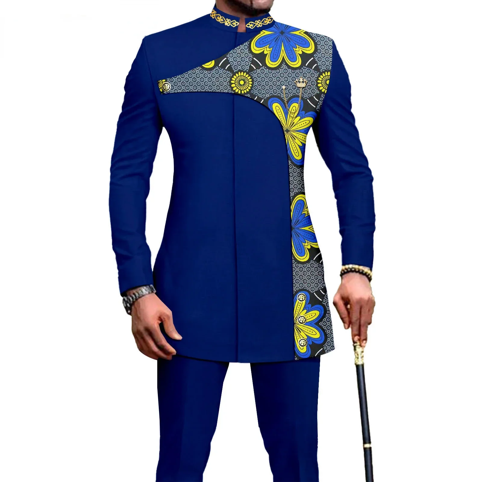 Bazin Riche African Traditional Clothing for Men Zip Shirts and Pants 2 Piece Set Formal Suit for Wedding Evening A2316036