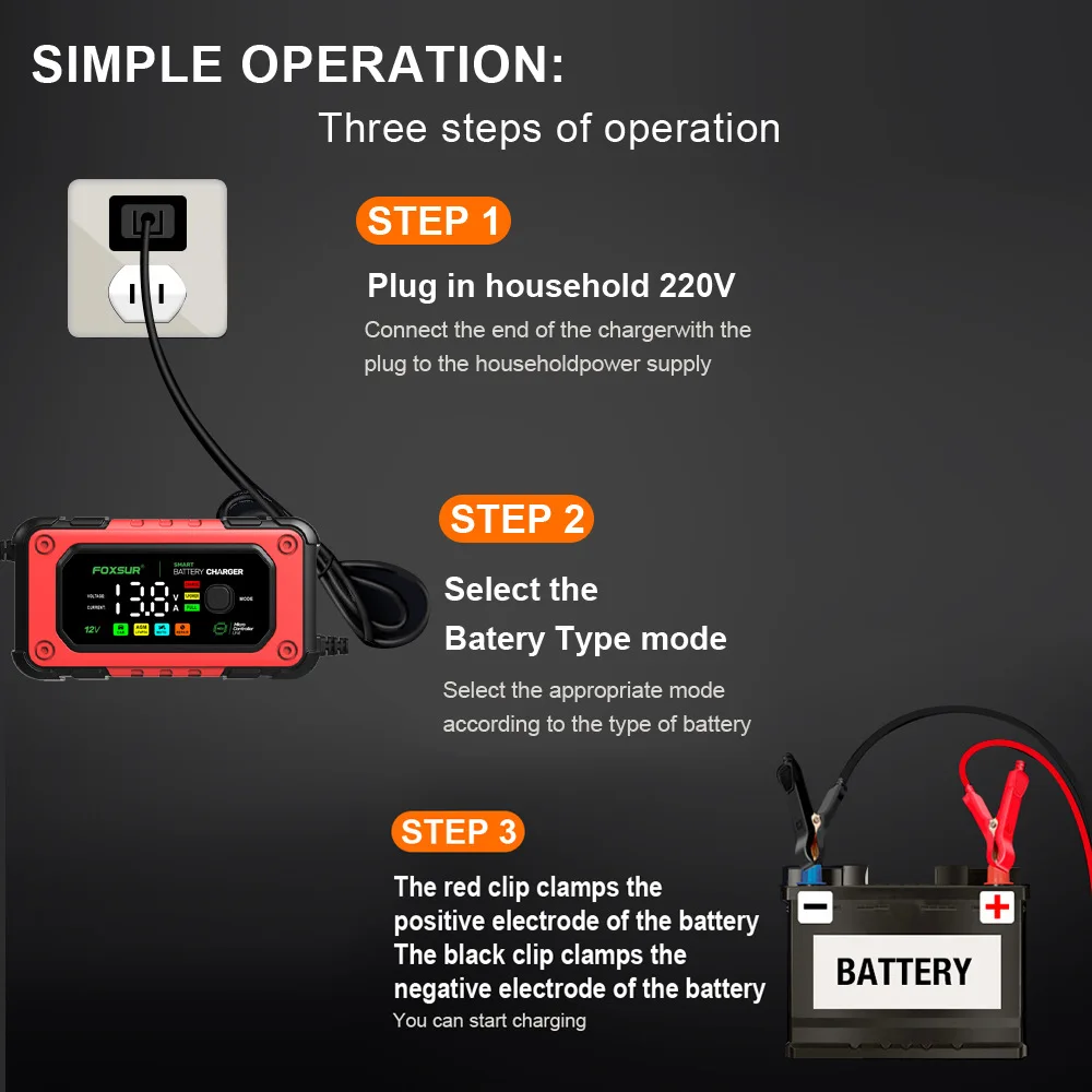 FOXSUR 12V 7A Universal Car Battery Charger Smart Repair Motorcycle Auto Charger For Lead Acid LiFePO4 Batteries Fast Charging