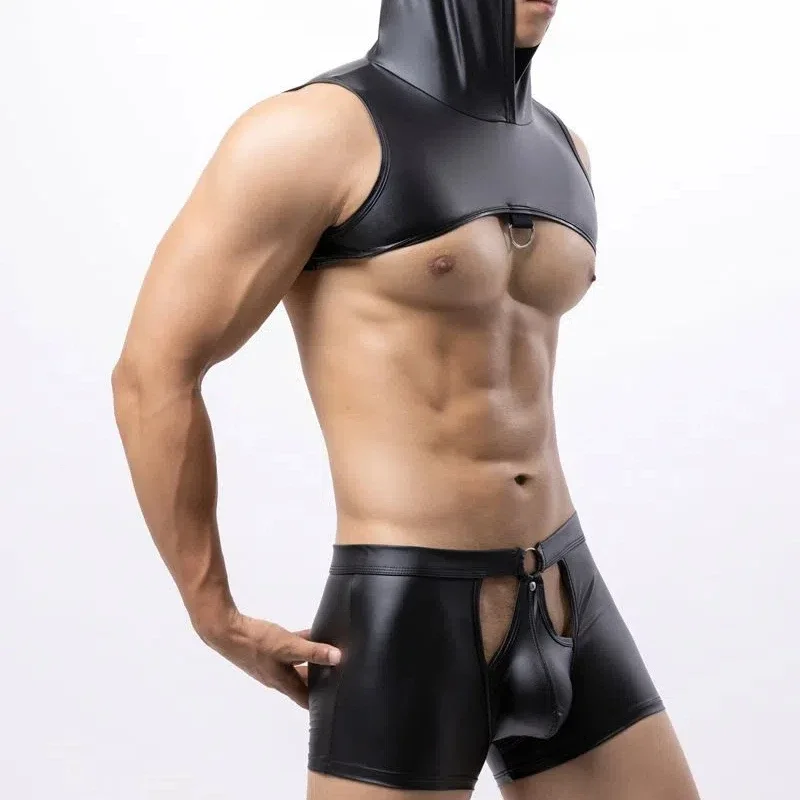 

Men's Boxers Shorts Underwear Black Faux Leather Hollow Ring Lingeries Muscle Tank Tops Sexy Hooded Clubwear Stage Costume