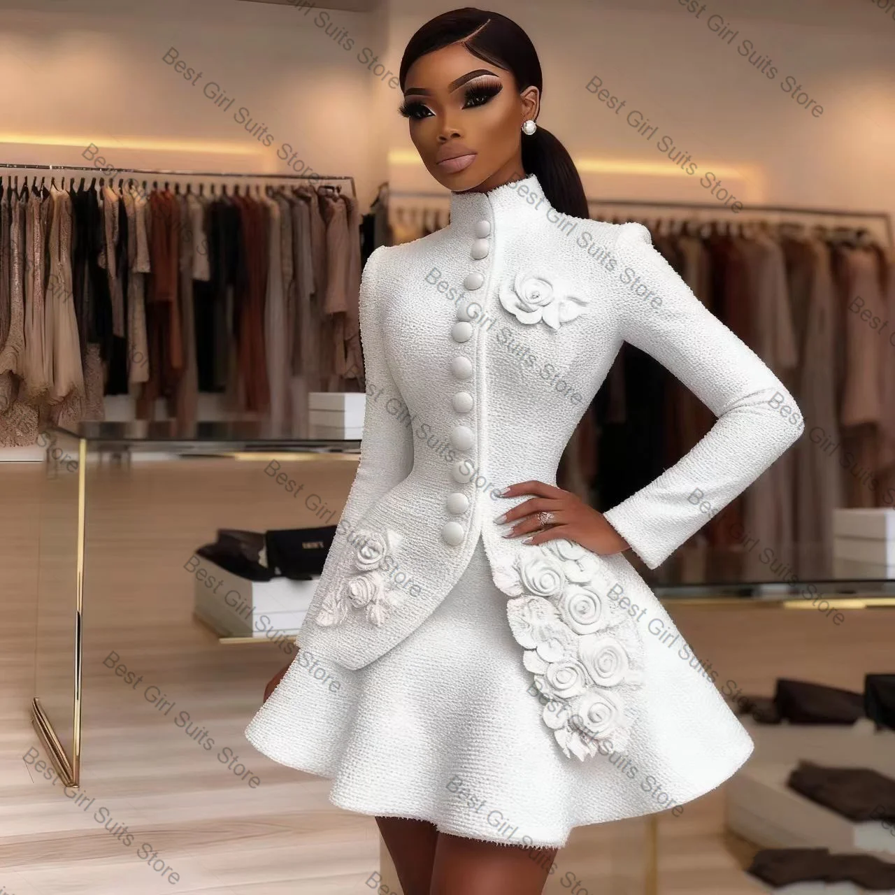 Abito da donna bianco con gonna Set giacca da 2 pezzi + mini abito corto da ballo Giacca da donna formale da ufficio con fiori 3D Cappotto da sposa personalizzato