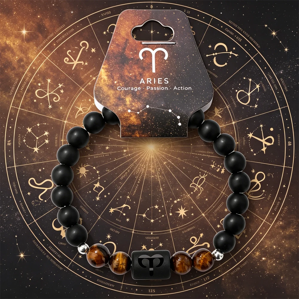 12 Constellation Zodiac Sign Aries Bracelets for Women Men Tiger Eye Stone Black Onyx Beads Bracelet Birthday Gift Jewelry