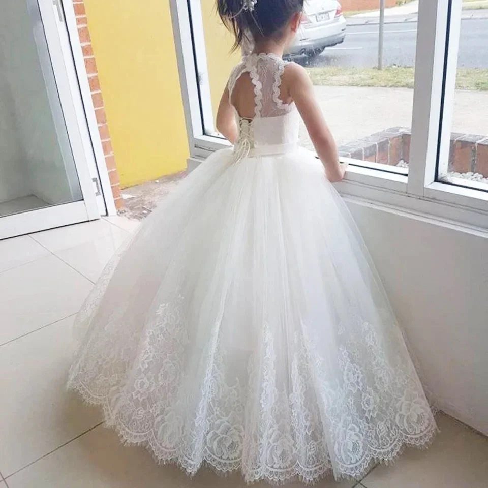 

White Simple Flower Girl Dresses Lace Tulle Puffy O-neck For Wedding Kids Birthday Party First Communion Dress Ball Gowns