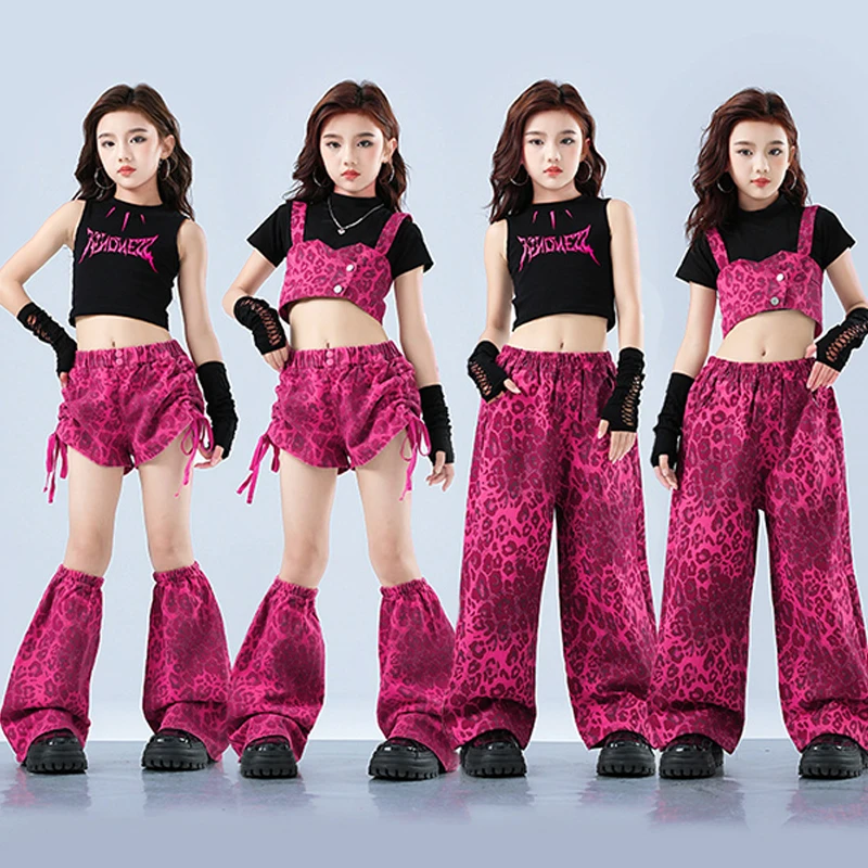 

Street Dance Outfit Girls Jazz Kpop Dance Stage Costume Pink Leopard Shorts Shuffle Pants Crop Top Trendy Performance Suit 3749