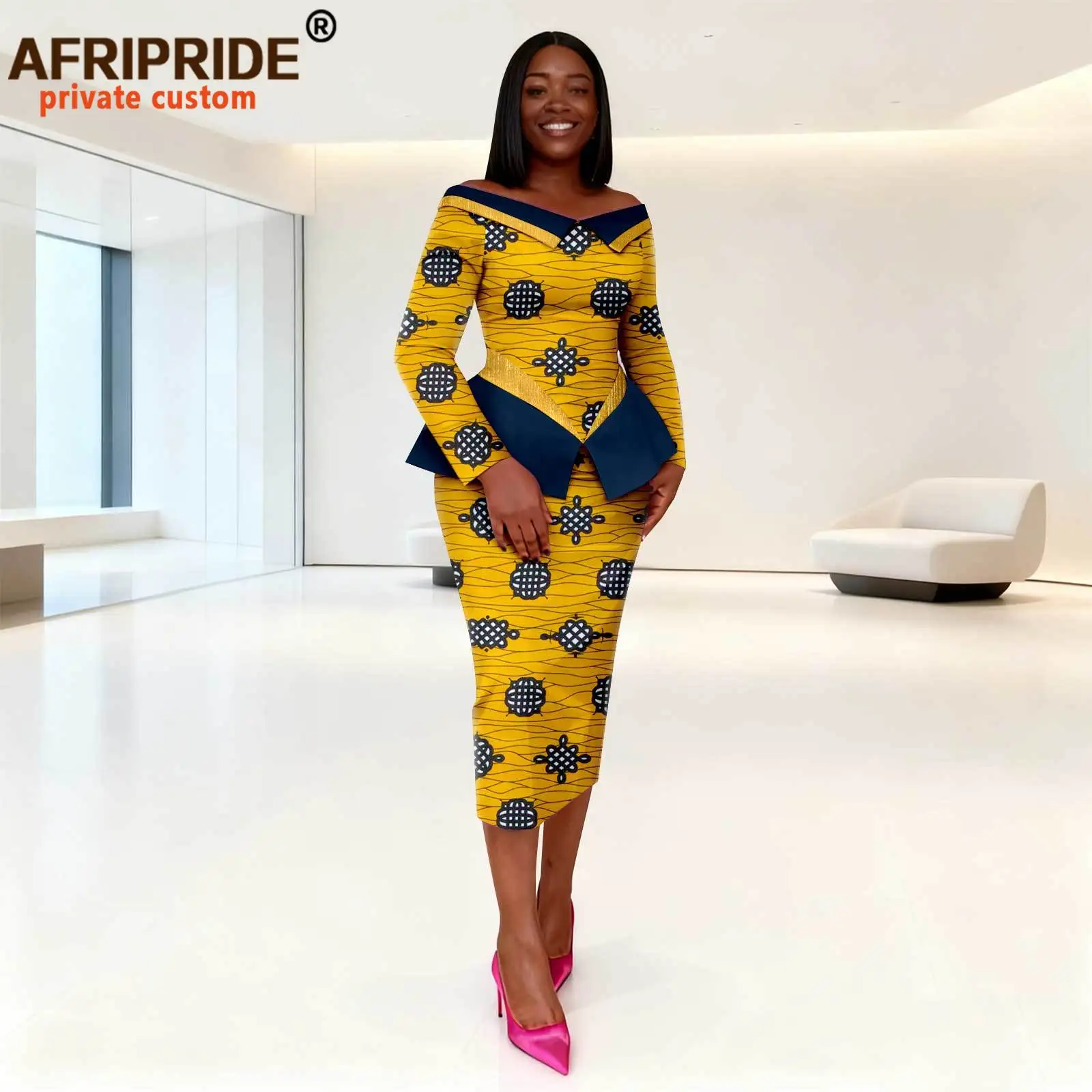 African Dresses for Women Off Shoulder High Waist Slim Fit Elegant Print Knee Dress Party Attire Dashiki Outfits 2525190
