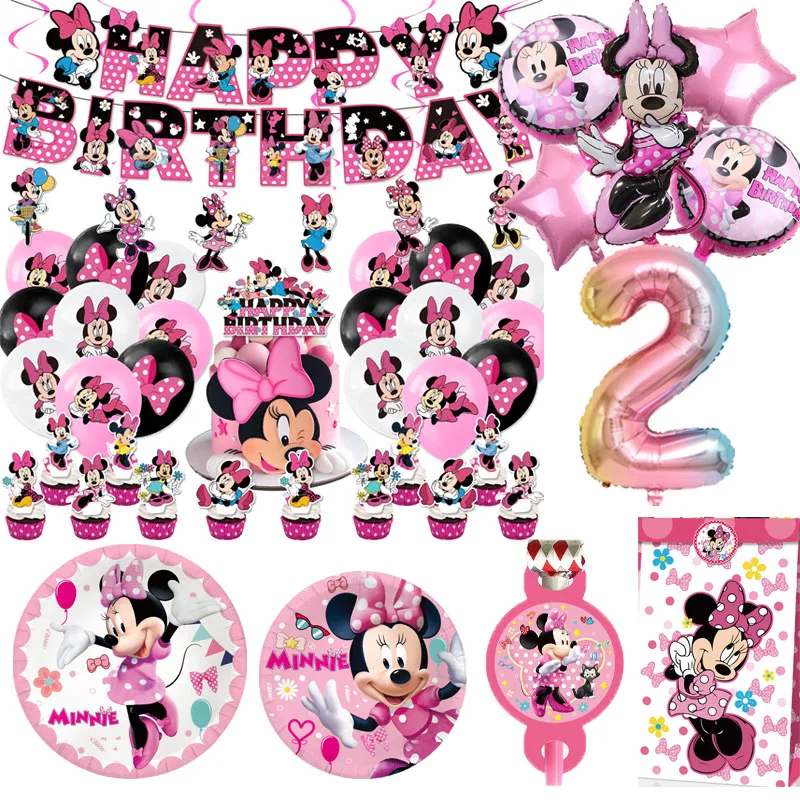 Minnie Mouse Party Decoration Disposable Tableware Minnie Cup Plate Balloon For Girls Baby Bath Birthday Party Supplies