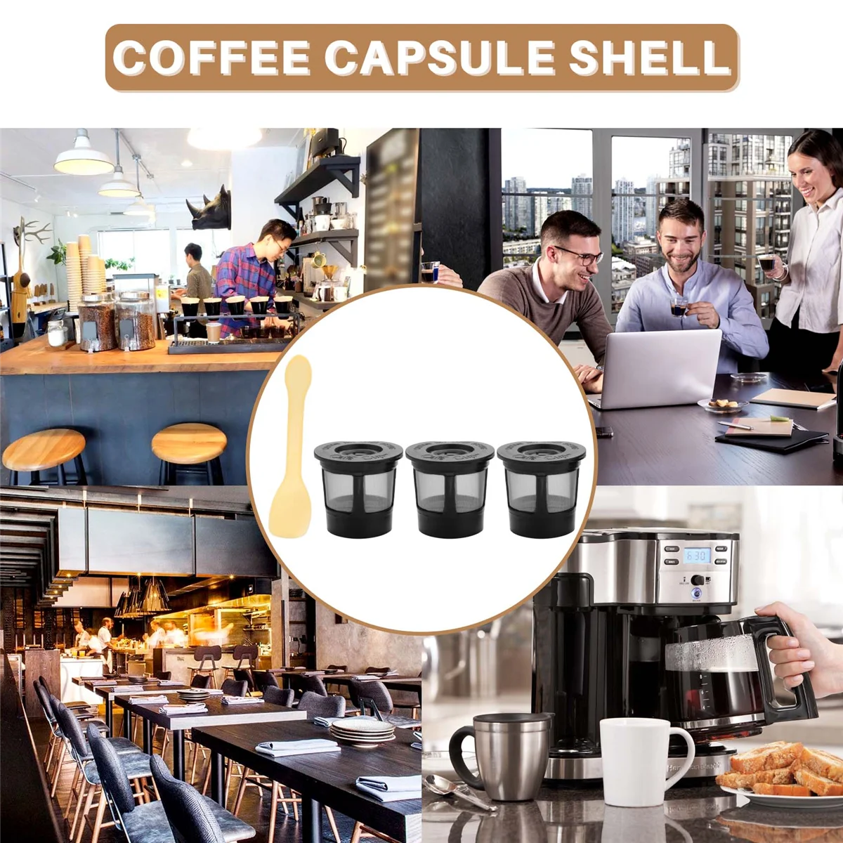 ตัวกรองฝักกาแฟแบบใช้ซ้ําได้ถาวร 3 แพ็คพร้อมตาข่ายสแตนเลสเข้ากันได้กับเครื่องต้มเบียร์ Keurig พร้อมช้อน