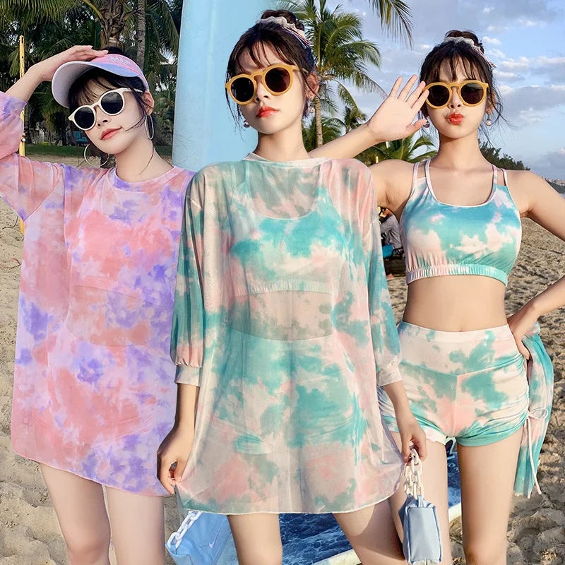 Three-piece swimsuit women\'s three-piece suit 2023 new foreign trade conservative flat angle Korean ins large size long sleeves