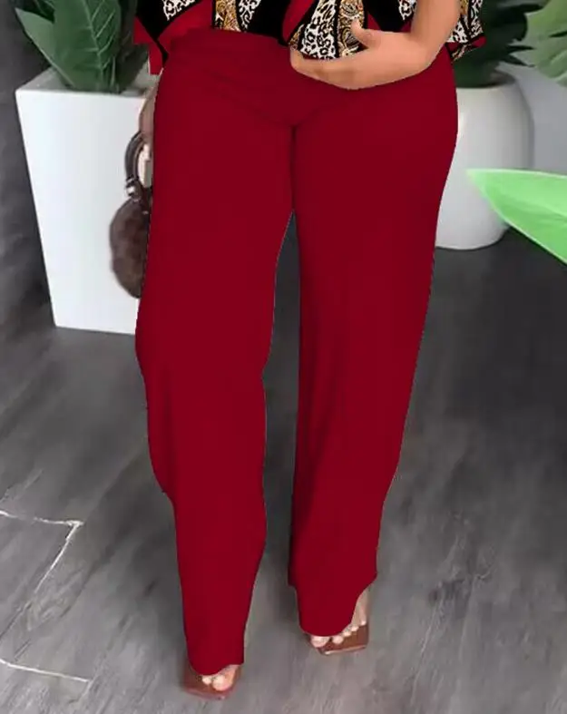 Conjunto casual de calças de cintura alta e manga dividida com decote em o para mulheres, conjuntos de 2 peças, estampa frisada, perna reta, moda,