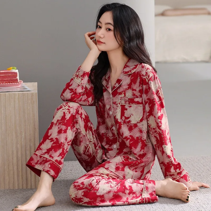 High End Women's Pure Cotton Pajamas Set Long Sleeves Trousers Perfect Spring Autumn Casual Wear Breathable Outdoor XXXL Size