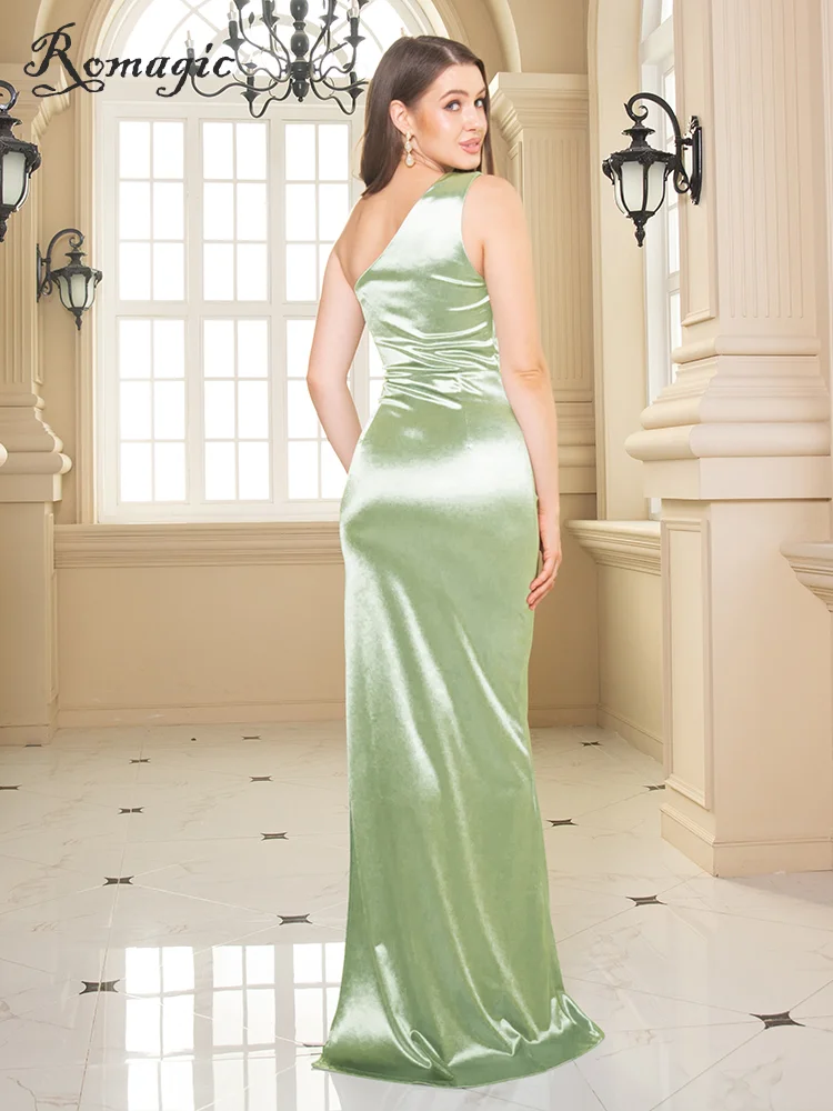Romagic One Shoulder Sage Green Satin Homecoming Party Dress Split Graduation Evening Cocktail Prom Gown Floor Length Summer