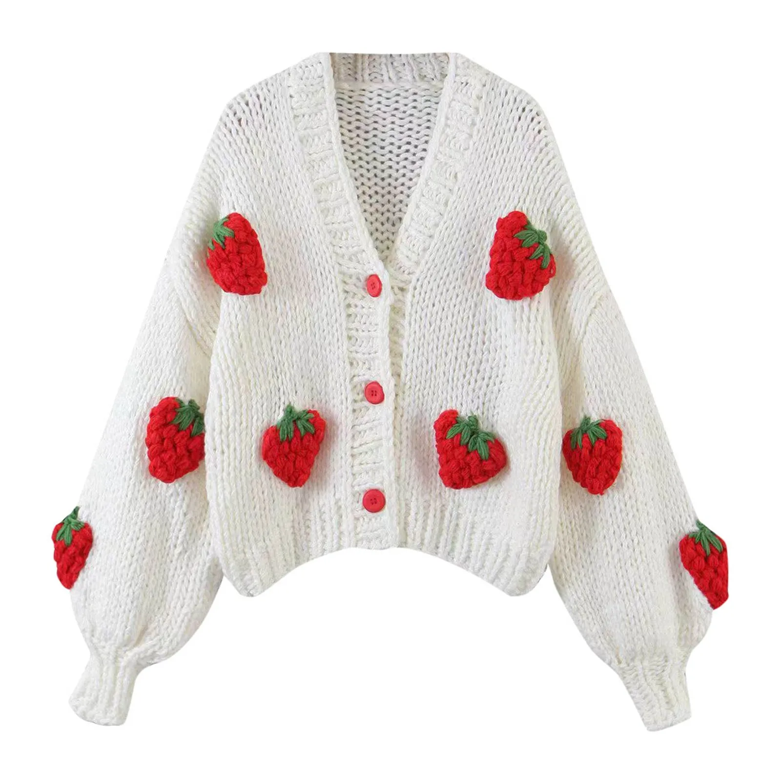 

Strawberry Printed Crochet Cardigans Women V Neck Long Sleeve Korean Style Loose Knitting Sweater Female Fashion Cardigan Tops