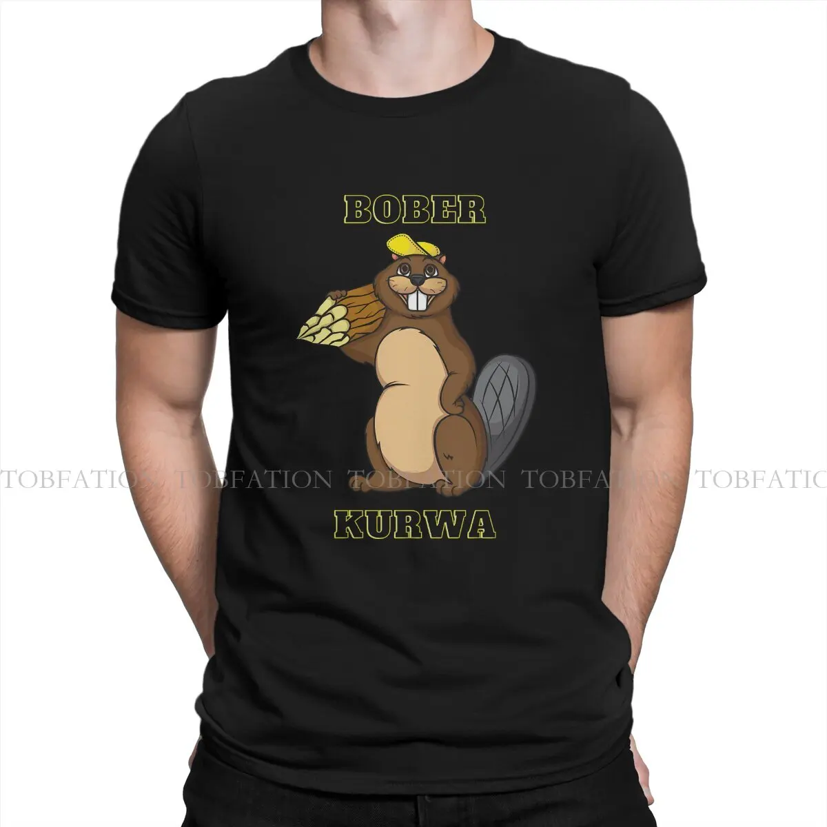 Beaver With Tree Trunk And Yellow Cap Graphic TShirt Kurwa Bobr Bober Style Tops Casual T Shirt Male Short Sleeve Unique Gift