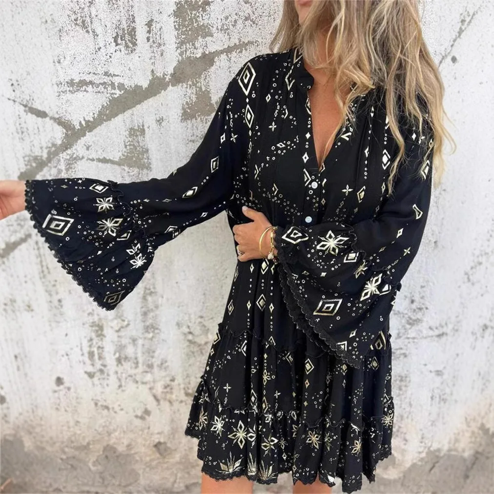 Faionable Pure Color Gold-Stamped Bell Sve Lace Hollow Out Large Size Frühling Herbst Dr Girl Sle Gestricktes Polyester