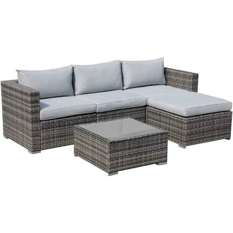 Patiorama 5 Piece Outdoor Patio Furniture Set, Sectional Conversation All-Weather Grey PE Wicker w/Light Cushions