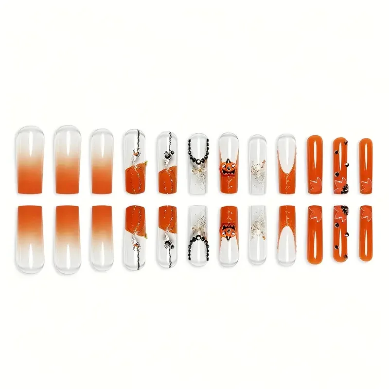 Unhas falsas do tema Halloween, patches de unhas falsas, estilo francês laranja brilhante, desenhos de aranha abóbora, balé longo, festa, 24 peças