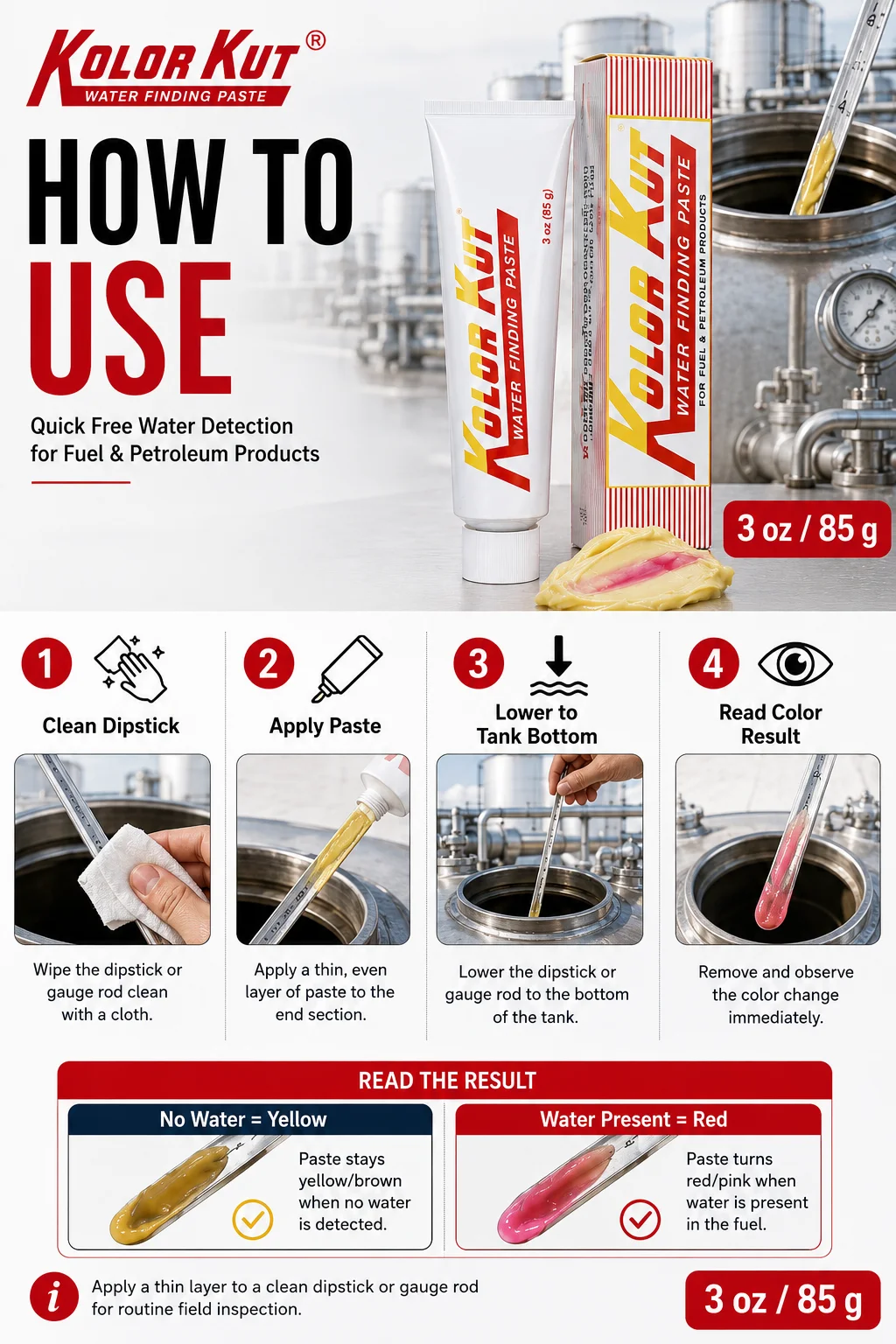 Original Kolor Kut Wasserfindungspaste 3oz Ölstandsanzeigepaste zur Kraftstoff-Wasser-Niveau-Erkennung Petroleum-Testwerkzeug – Detail 6