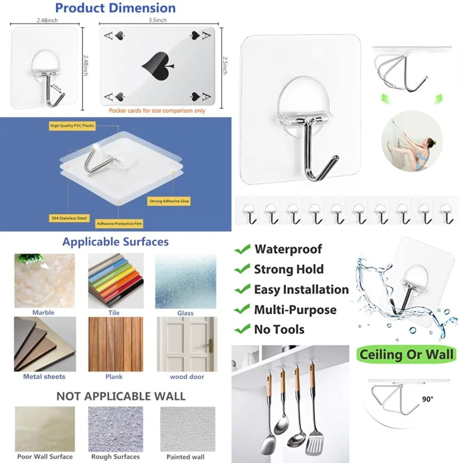 

Сверхмощные самоклеящиеся настенные крючки для ванной комнаты, душа, кухни, ключи, двери, уличное улучшение дома, водонепроницаемое прозрачное полотенце