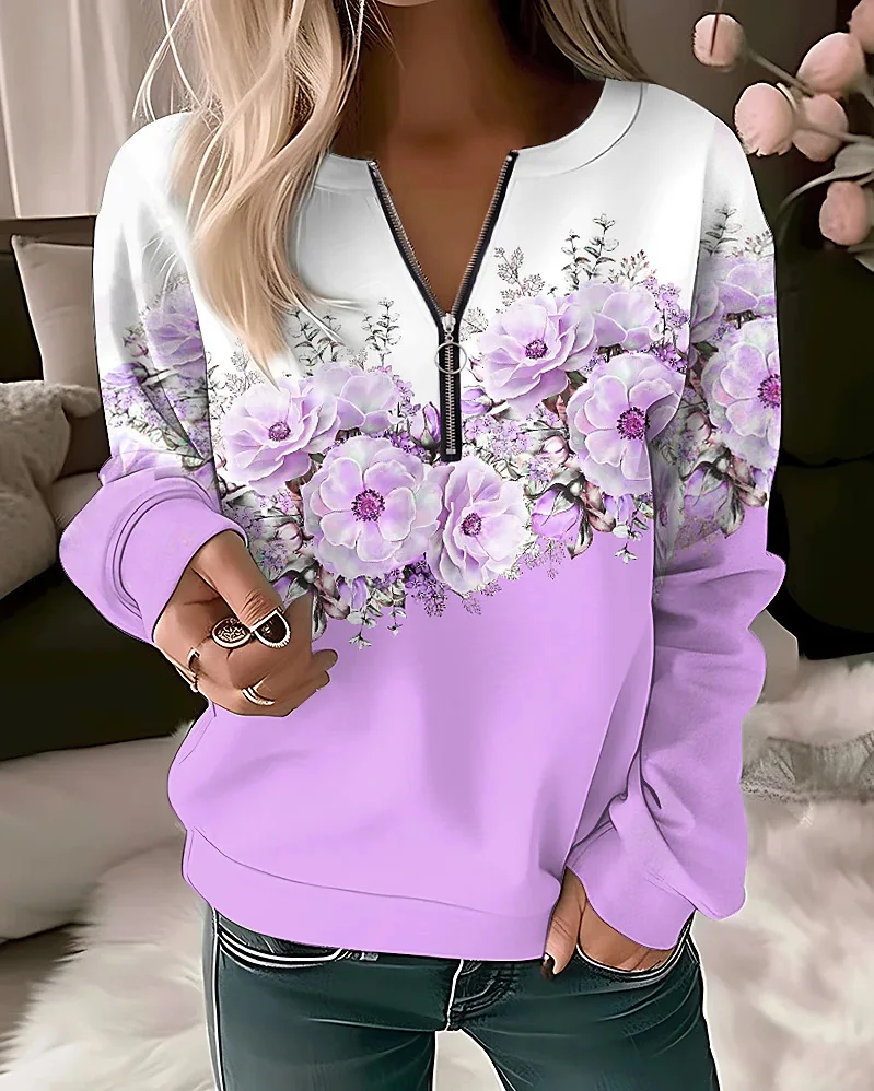 Women\'s Hoodies Women Fashion Floral Hoodies Flower Painting Sweatshirt Zip Up Hoodie Oversized Sudaderas Harajuku Coats Elegant