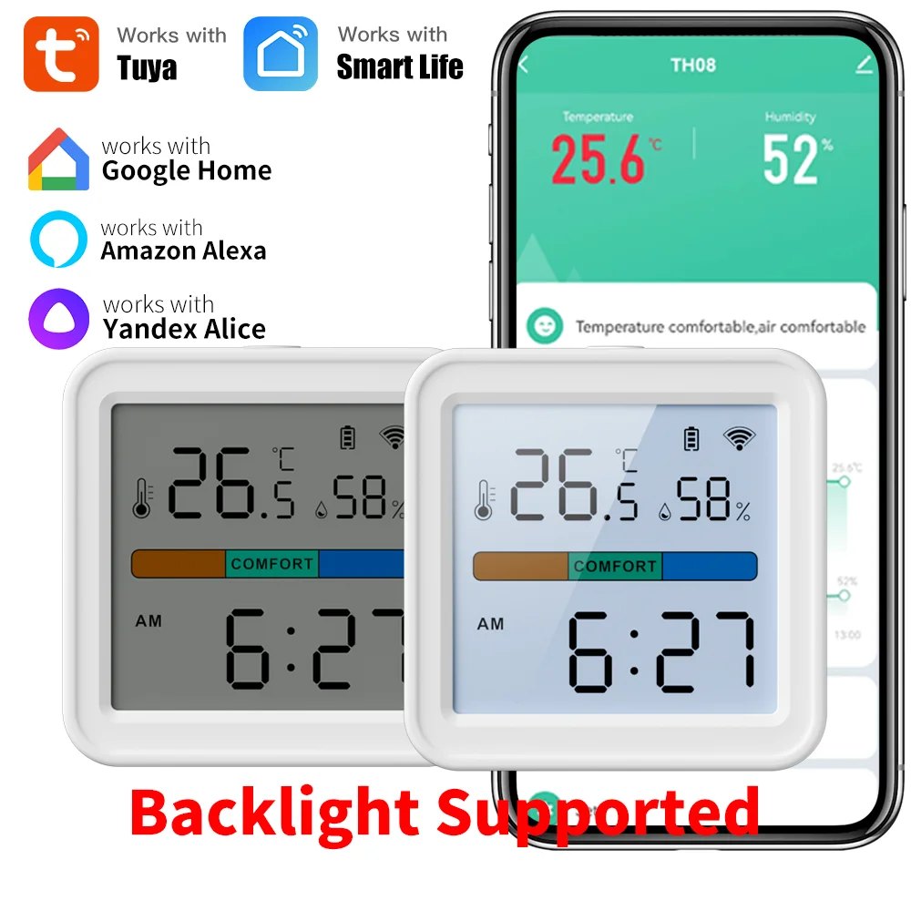Tuya WiFi Temperature Humidity Sensor Hygrometer Thermometer Smart Home Backlight Smart Life Support Alexa Google Assistant